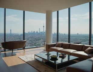 Modern urban apartment interior with sleek design, large windows, and city skyline views, showcasing minimalist furniture and neutral tones, highlighting the latest trends in luxury real estate.
