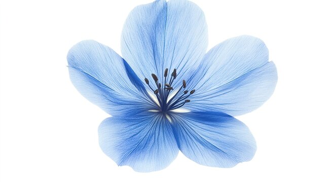 A delicate blue flower blooms with intricate translucent petals