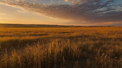 Fototapeta premium Golden Meadow Landscape at Dusk with a Dramatic Sky and Clouds