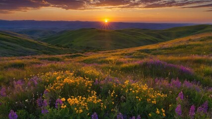 Fototapeta premium Wildflower Meadow at Sunset Rolling Green Hills Golden Hour Landscape