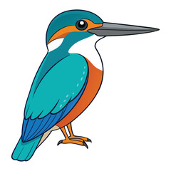 Fototapeta premium A vector illustration of a cartoon blue kingfisher bird with a yellow and orange beak flying on a branch with vibrant feathers in a wild nature setting