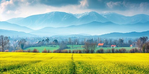  A peaceful alpine meadow, filled with vibrant wildflowers, where the snow-capped mountains in the distance reflect the warm light of the setting sun, creating a tranquil scene 