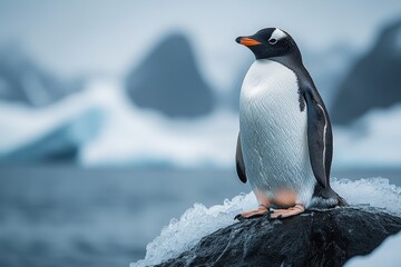 Obraz premium Solitary Penguin on Icy Cliff in a Stunning Frozen Landscape With Gentle Waves and Soft Colors Under a Cloudy Sky