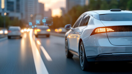 Fototapeta premium Autonomous vehicles navigating smart city roads urban environment technological innovation futuristic viewpoint sustainable transportation