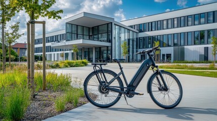 Fototapeta premium Electric bike parked in front of a modern office building, trendy office space with eco-friendly architecture and greenery, Eco-tech style