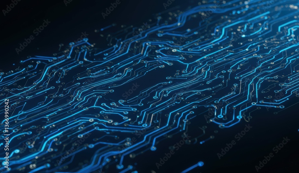 Poster abstract circuit board design with glowing blue lines against dark background representing digital t