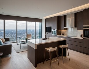 Modern urban apartment interior with sleek design, large windows, and city skyline views, showcasing minimalist furniture and neutral tones, highlighting the latest trends in luxury real estate.