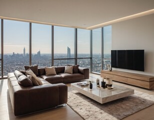 Modern urban apartment interior with sleek design, large windows, and city skyline views, showcasing minimalist furniture and neutral tones, highlighting the latest trends in luxury real estate.