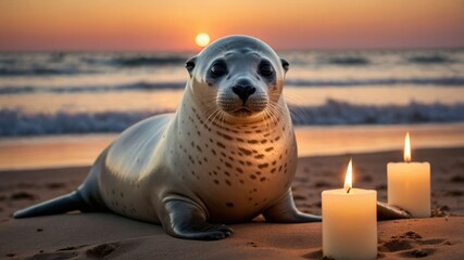 Seal Relaxing on Sandy Beach at Sunset with Burning Candles