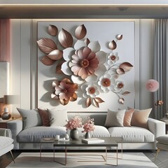 Soft Peach Velvet and Silver 3D Floral Composition: Soft peach velvet petals with silver accents create a balanced, soft design with a slight shimmer. The pastel hues and metallic touches 