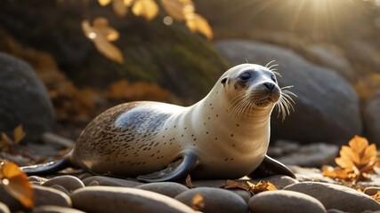 Resting Seal on Rocky Shore with Autumn Leaves and Sunlight
