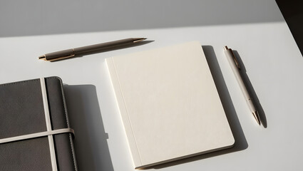 Elegant flat lay of modern stationery items, including a minimalist cream-colored notebook, sleek pens, and a dark leather planner on a bright, clean desk surface. Ideal for professional, office, and 