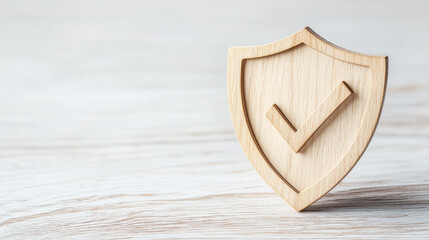 wooden shield with checkmark symbolizing security trust and protection is placed on light wooden surface evoking sense of reliability