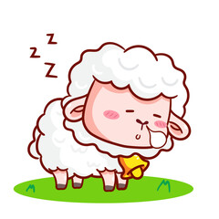 Cute sleepy sheep cartoon character. Adorable and kawaii animal concept design. Sticker mascot icon vector illustration