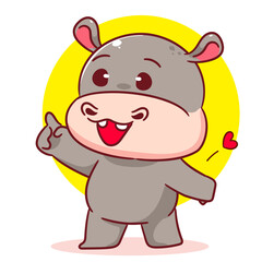 Cute happy Hippo  posing pointing hand cartoon character. Adorable kawaii animals concept design. Mascot Logo sticker vector illustration.