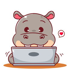 Cute Hippo working on laptop cartoon character. Adorable kawaii animals concept design. Mascot Logo sticker vector illustration.