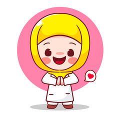 Cute moslem girl greeting pose cartoon character. Happy Eid Ramadan Islamic Concept design. Chibi and adorable vector illustration.
