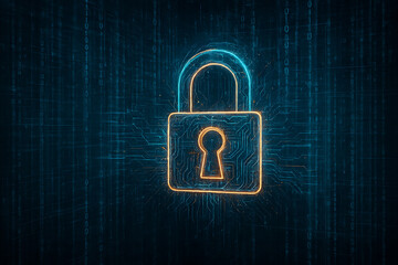 Futuristic Cybersecurity Concept with Digital Lock and Circuit Background Featuring Binary Code and Neon Glow for Data Protection and Online Security in High-Tech Environment
