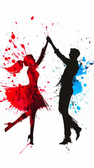Illustration of Dancing Silhouette Couple with Red And Blue Color Splash