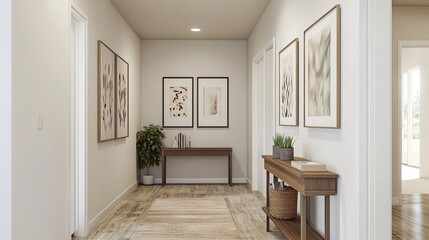 Obraz premium A simple hallway decorated with a gallery wall of minimalist art and a console table. picture