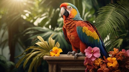 Colorful Parrot Perched Among Tropical Flowers and Lush Greenery Setting