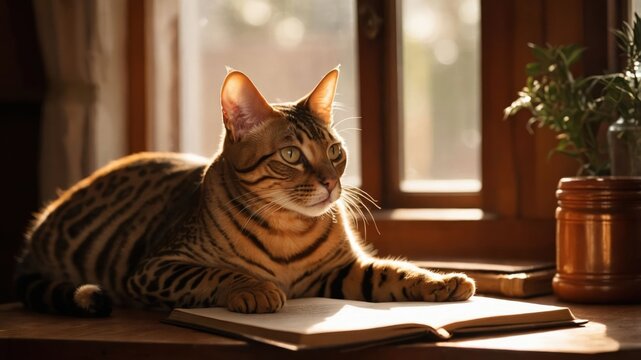 Striped Cat Reading Open Book Near Window Indoors Enjoying Sunlight