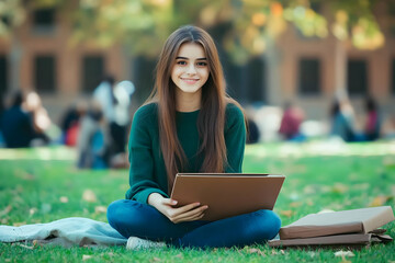 Obraz premium Happy Young Woman in Green Sweater Holding Laptop Outdoors