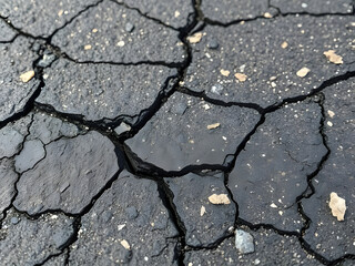 Obraz premium Cracked Asphalt Pavement Close-up, Textured Road Surface, Dark Black with Cracks and Debris, Weathered Road, Damaged Texture.