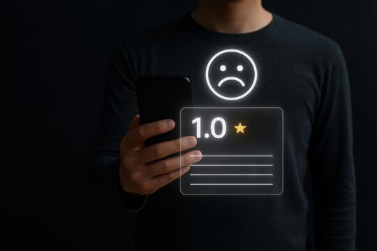 Negative Feedback: A man's hand holding smartphone displaying a low star rating and unhappy emoji, depicting user dissatisfaction and customer experience - Powered by Adobe