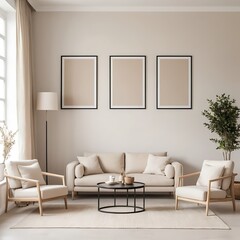Modern Beige Living Room Interior with Empty Frames