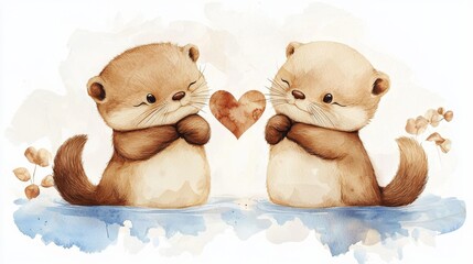 Charming Watercolor Rendering of Joyful Otters with Open Mouths Capturing Nature's Beauty and Tranquility