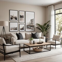 Modern Living Room Interior Design with Neutral Tones and Mountain Prints