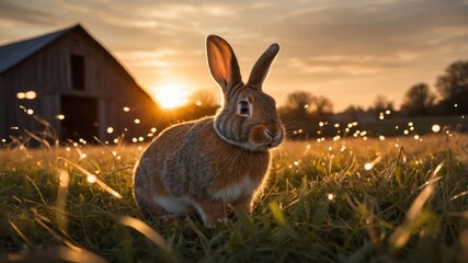 Obraz premium Rabbit Sitting in Grassy Field at Sunset with Barn Silhouette