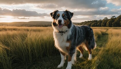 Australian Shepherd Dog in Sunset Field