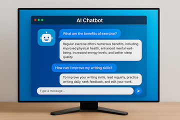 AI chatbot interface on desktop screen showing helpful digital assistant answering questions about exercise and writing skills in a modern blue user interface design concept