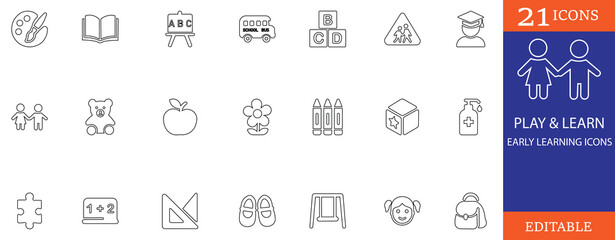 A charming collection of 21 editable line icons for early learning and preschool education. Perfect for kids' apps, school websites, worksheets, and child-friendly design projects