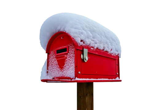 Snow-covered mailbox standing alone in winter, isolated on transparent or white background