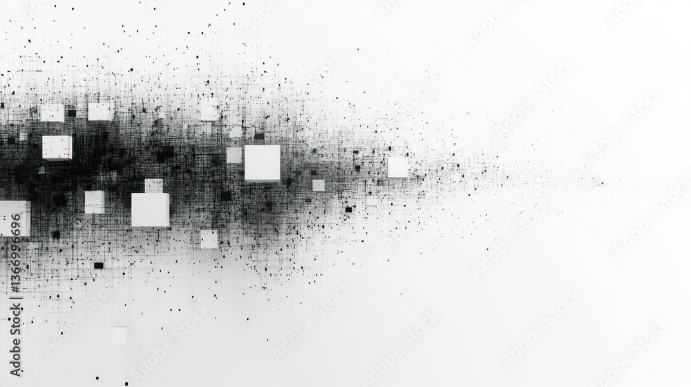 Poster abstract digital dispersion: a grayscale artwork showcasing a dynamic interplay of squares and parti