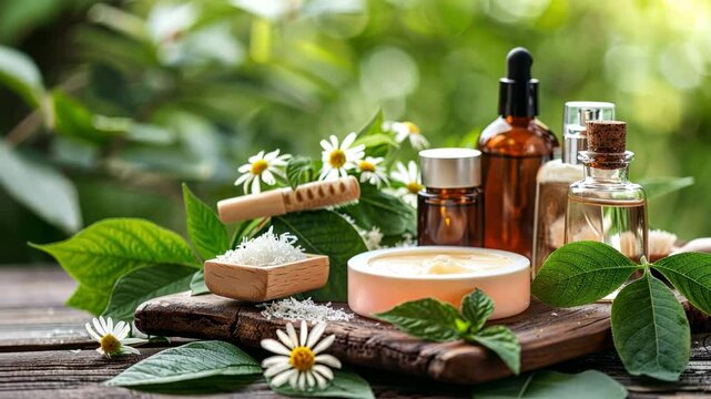 Serene Spa Day: Indulge in tranquility with an array of aromatherapy essentials and wellness products, surrounded by lush greenery and blossoms, promoting relaxation and self-care.