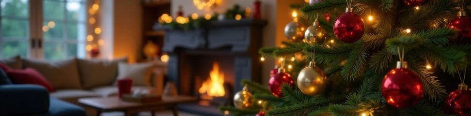 A merry Christmas tree decorated with colorful ornaments and sparkling fairy lights in a cozy living room setting,  cozy living room,  holiday decor,  ornaments