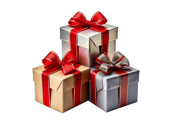 Obraz premium Three Gift Boxes with Red and Silver Ribbons isolated on transparent or white background