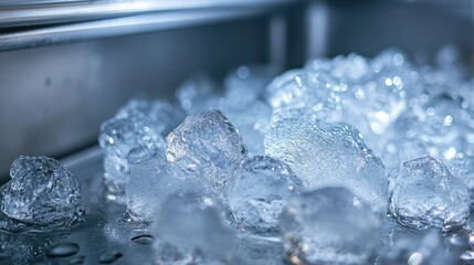 Close-up of Sparkling Ice Cubes in a Refrigerator
