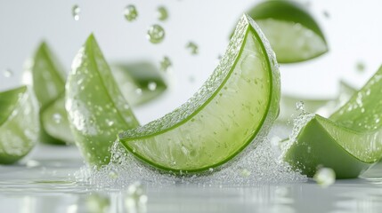 Sliced aloe vera with water droplets in a clean setting