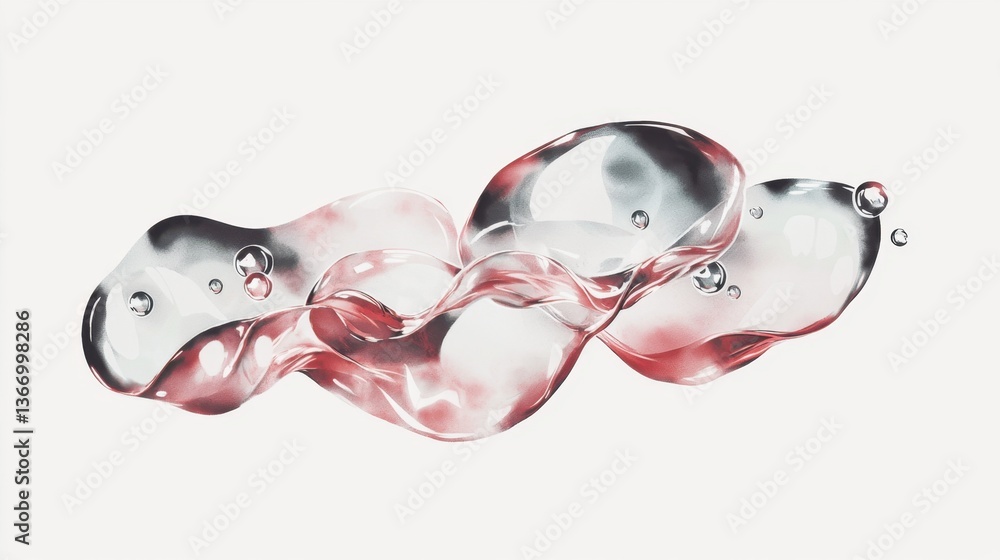 Poster abstract fluid shapes with bubbles in red and clear color palette