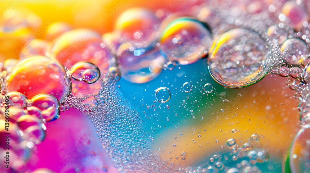 Poster captivating water droplets resting on a colorful surface showcasing beautiful bubble textures and re