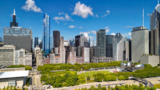 Chicago, IL - July 25, 2024: Aerial view of Chicago from Millennium Park on a wonderful summer day