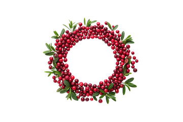 A circular wreath composed almost entirely of red berries with small green leaves, forming a bold and striking seasonal decoration, symbolizing joy, celebration, isolated on a transparent background