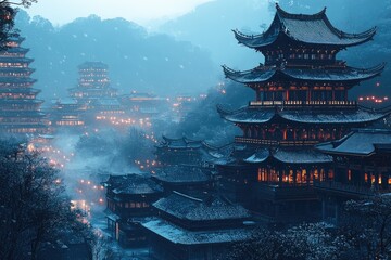 Misty Asian Village at Dawn. Ancient, snow-covered temples and buildings nestled in a valley, lit by warm, glowing lights