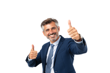 A confident, silver-haired man in a navy suit gives enthusiastic double thumbs-up. His bright smile and friendly expression radiate positivity and trust, isolated on a transparent background