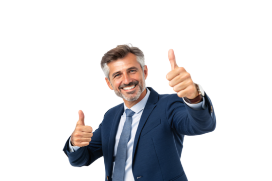 A confident, silver-haired man in a navy suit gives enthusiastic double thumbs-up. His bright smile and friendly expression radiate positivity and trust, isolated on a transparent background